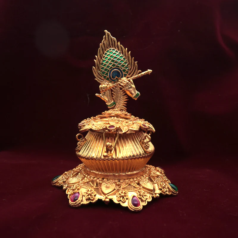 Antique Gold Mayil Peeli Krishna Flute Kumkum Box